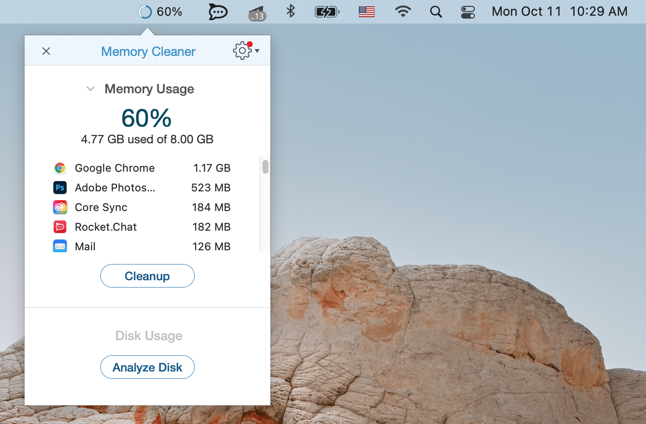 Memory Cleaner window showing how to free up RAM and fix Photoshop scratch disk error