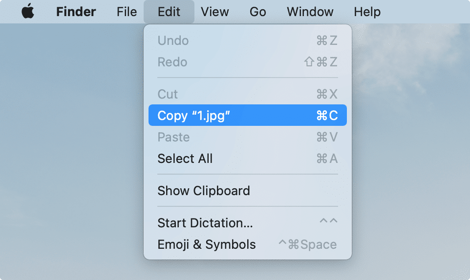 Mac menu bar showing the Copy command
