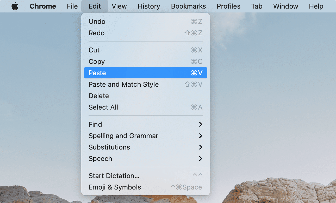 Chrome menu showing the Paste command