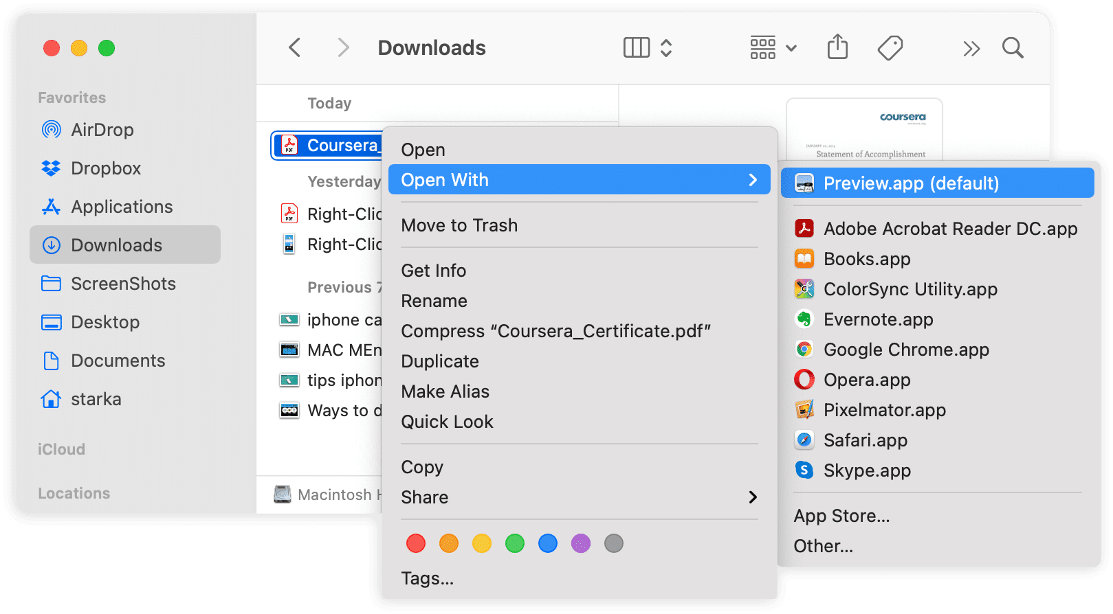 context menu for a PDF file on Mac