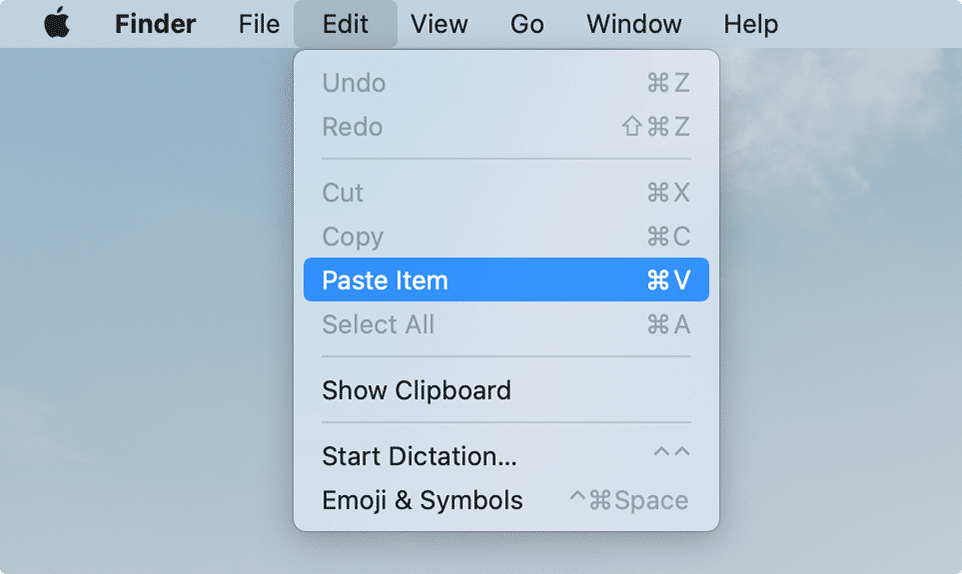 The Paste command in the mac menu bar