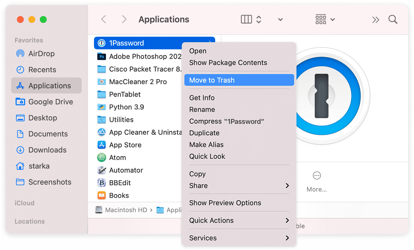 removing 1Password from the Applications folder