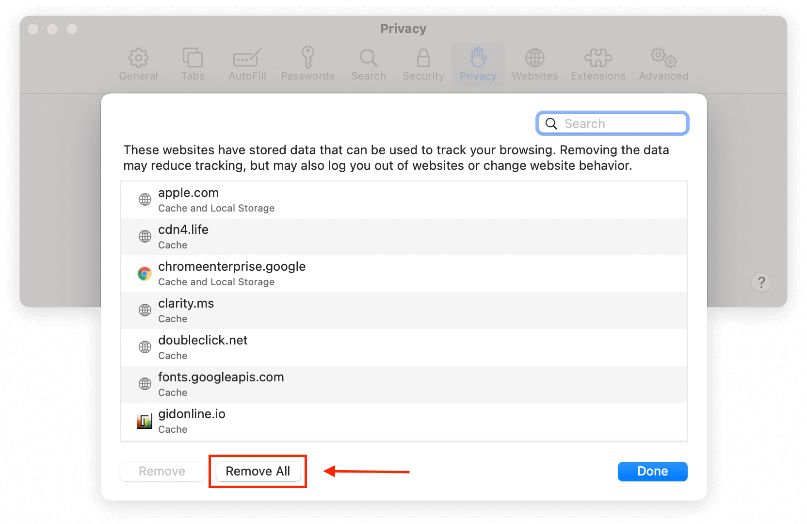 Remove All button highlighted for Safari website data