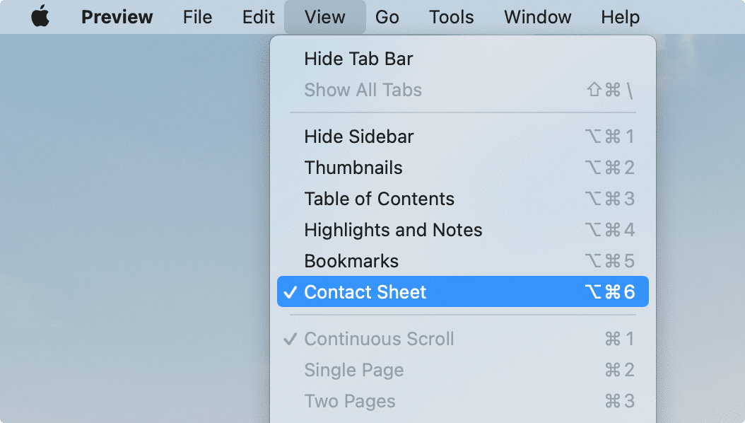 Preview menu bar showing the Contact Sheet option