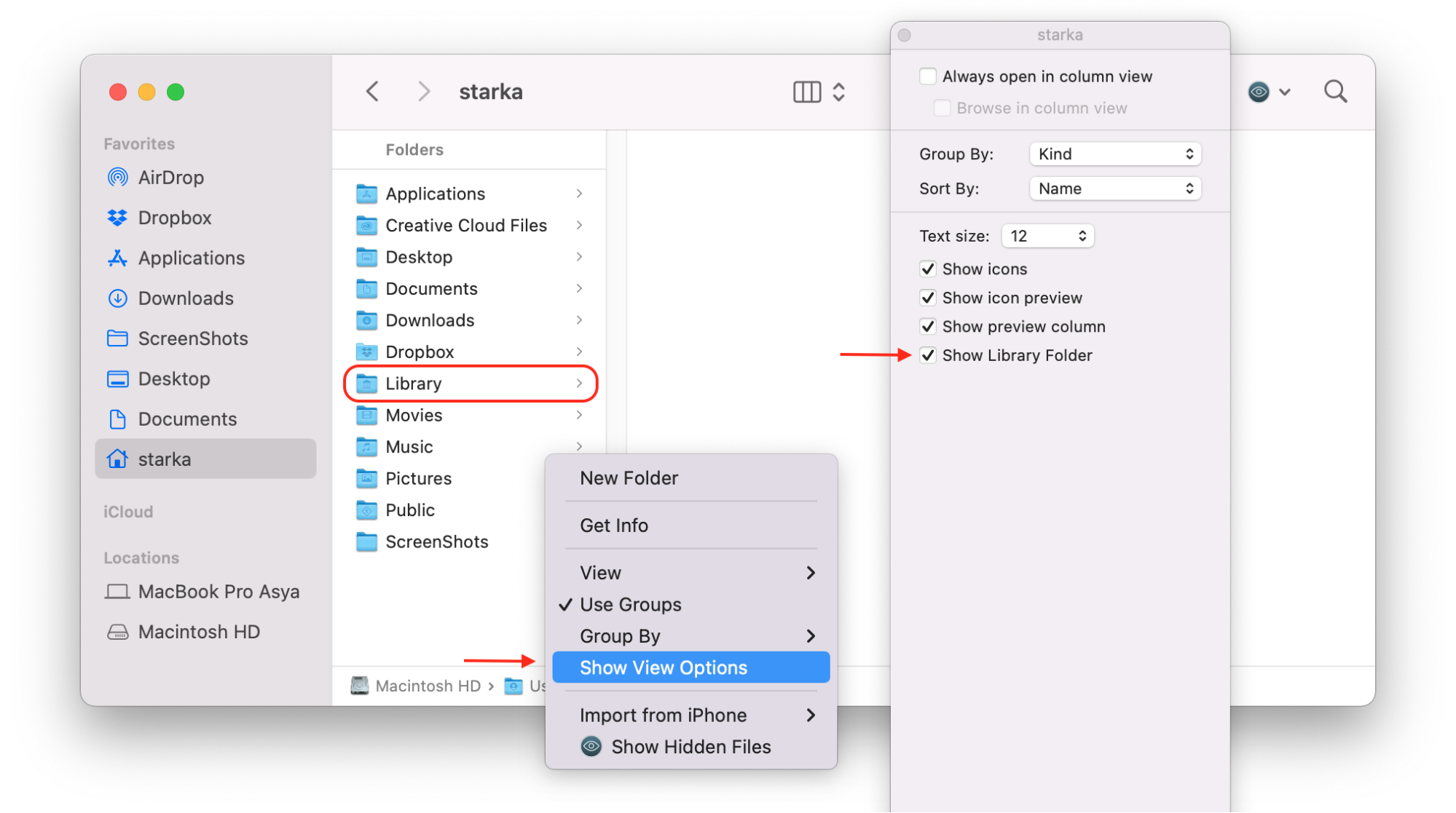 View options preferences for Finder showing how to unhide Library