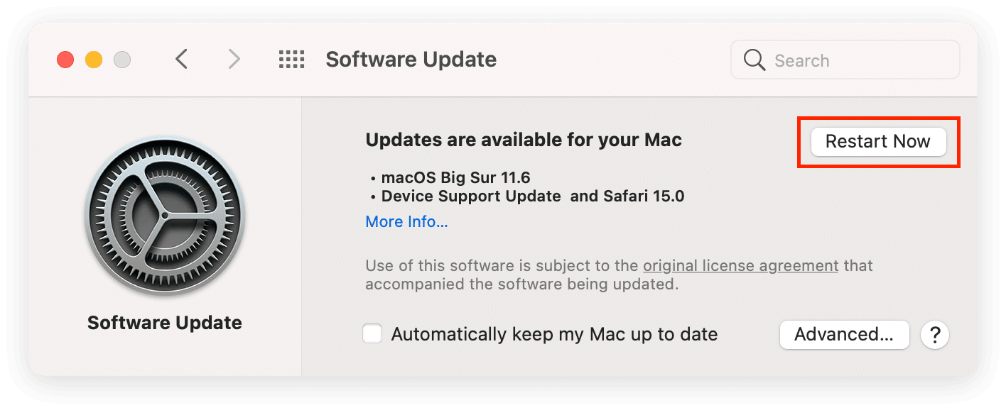 Restart Now button highlighted in Software Update window