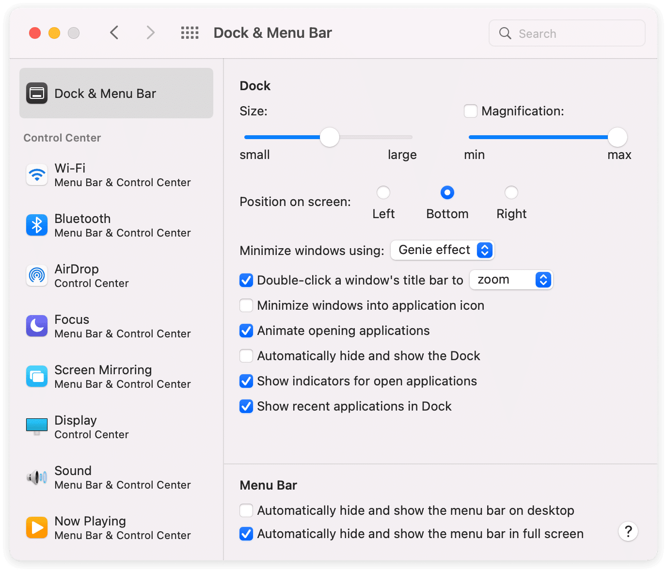 System preferences window showing dock and menu bar tab