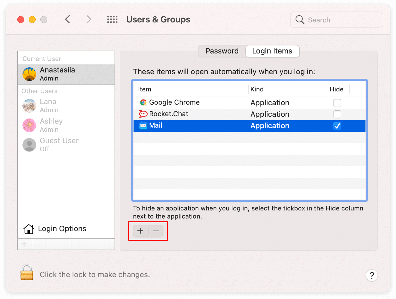 Settings showing users and groups tab