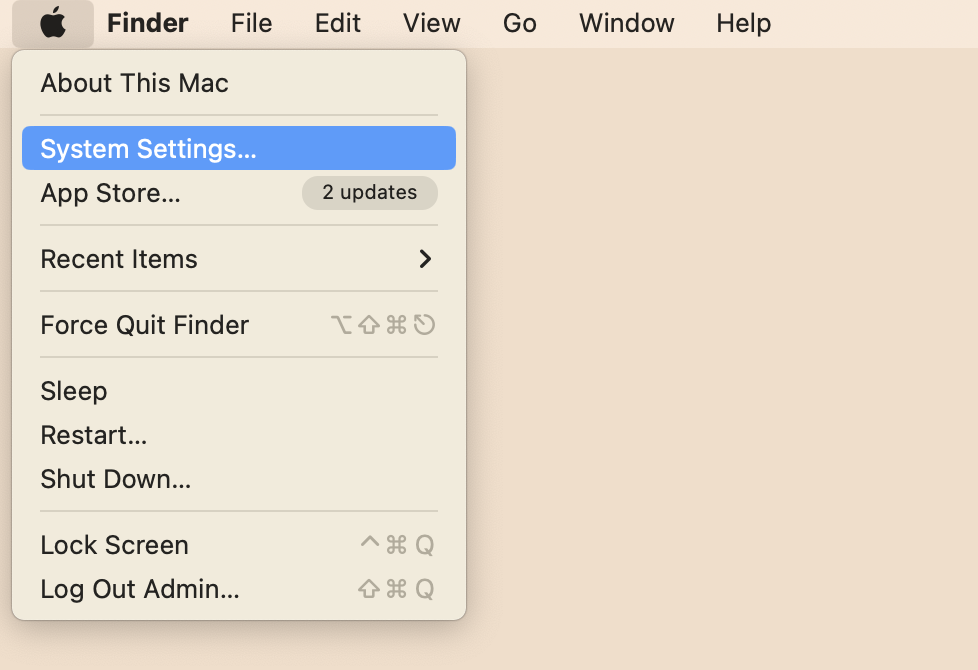 The System Settings menu command selected in Apple Menu