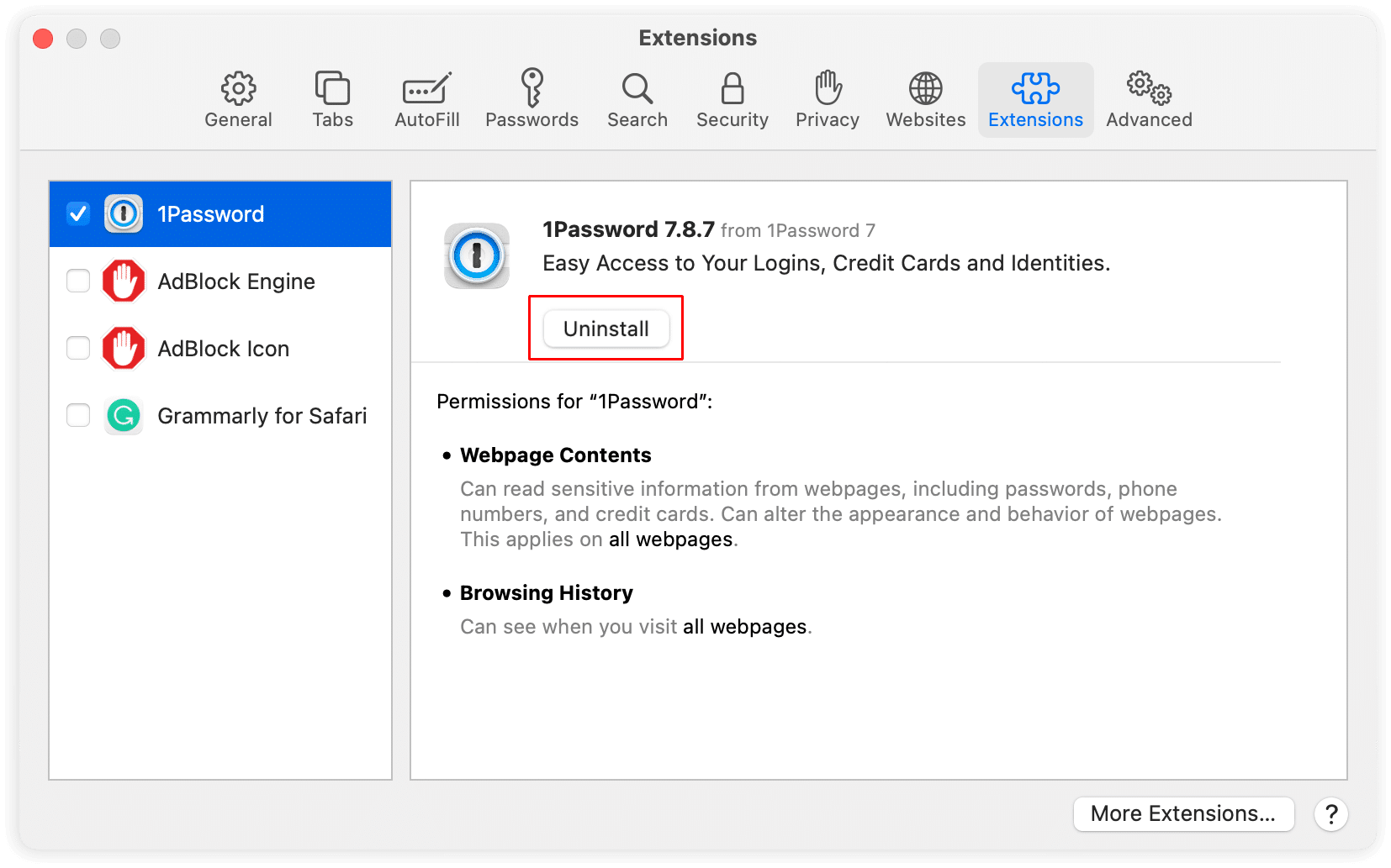 Safari Preferences showing extensions tab