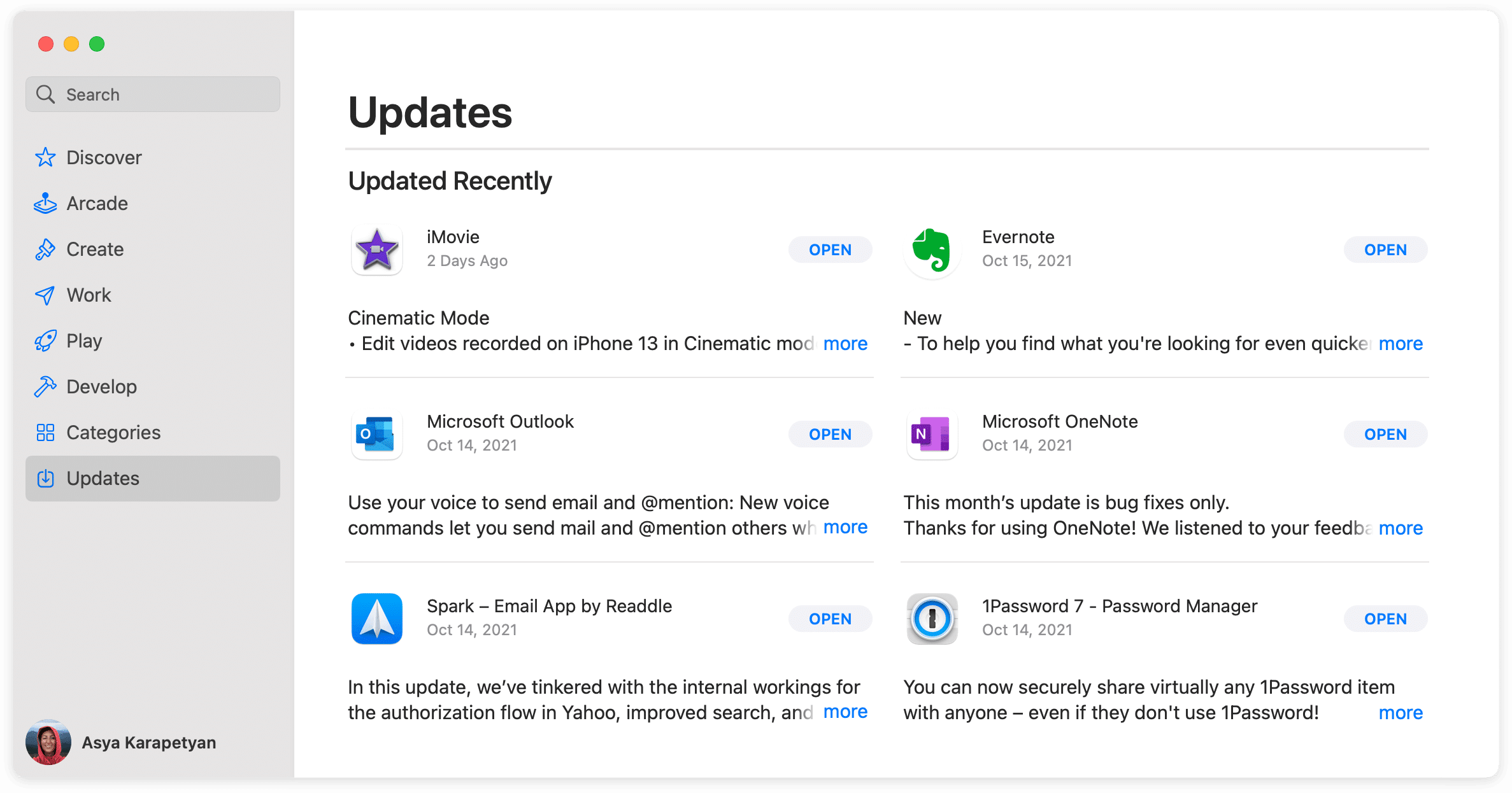 App Store window showing the Updates section