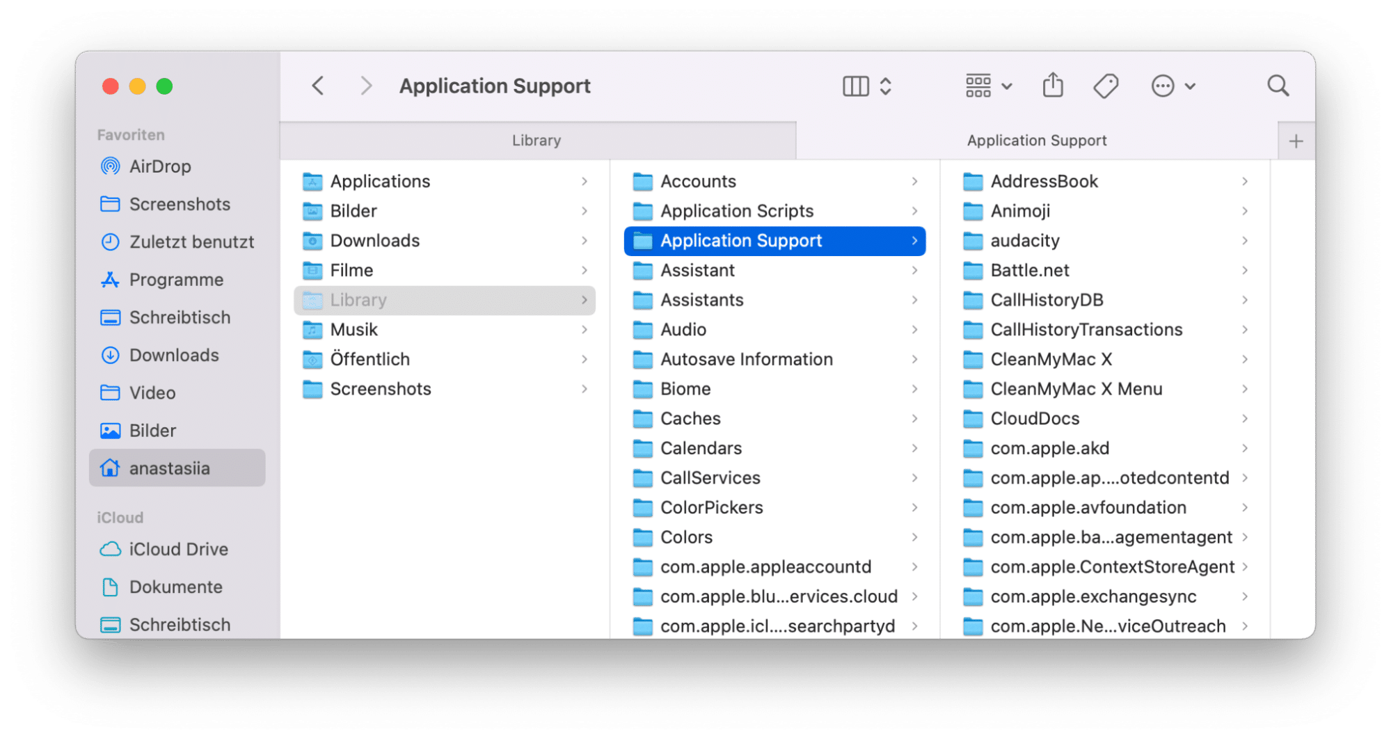 Library folder showing Application Support folder