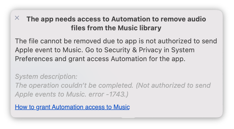 error message showing the need to grant automation access to Music