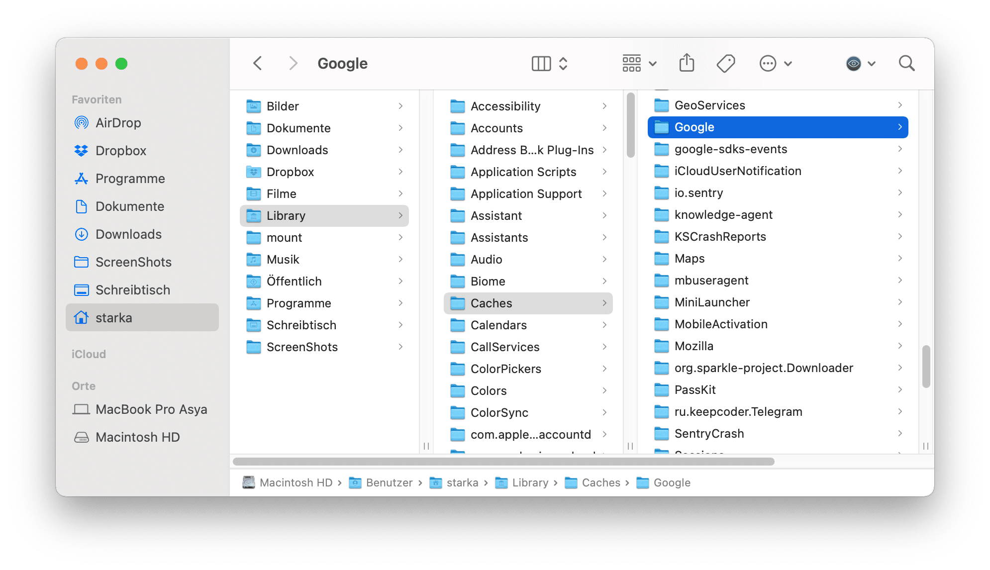 Finder window showing cache files