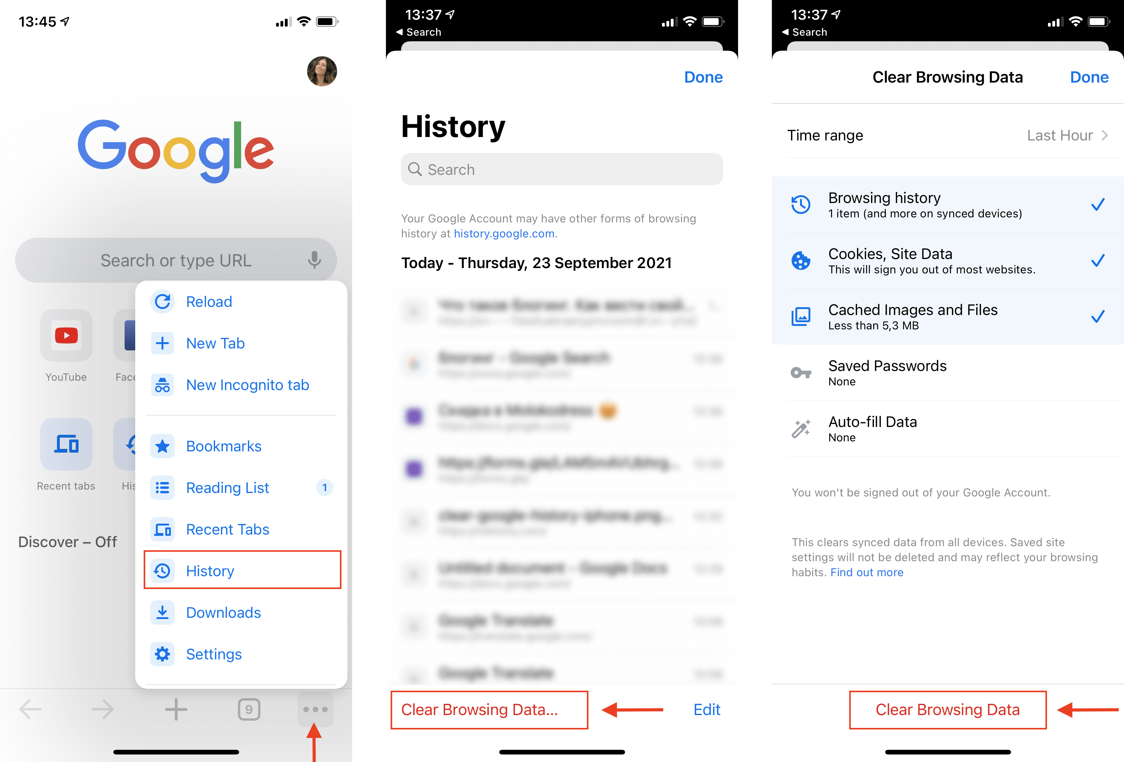 iPhone screens showing how to clear Chrome history