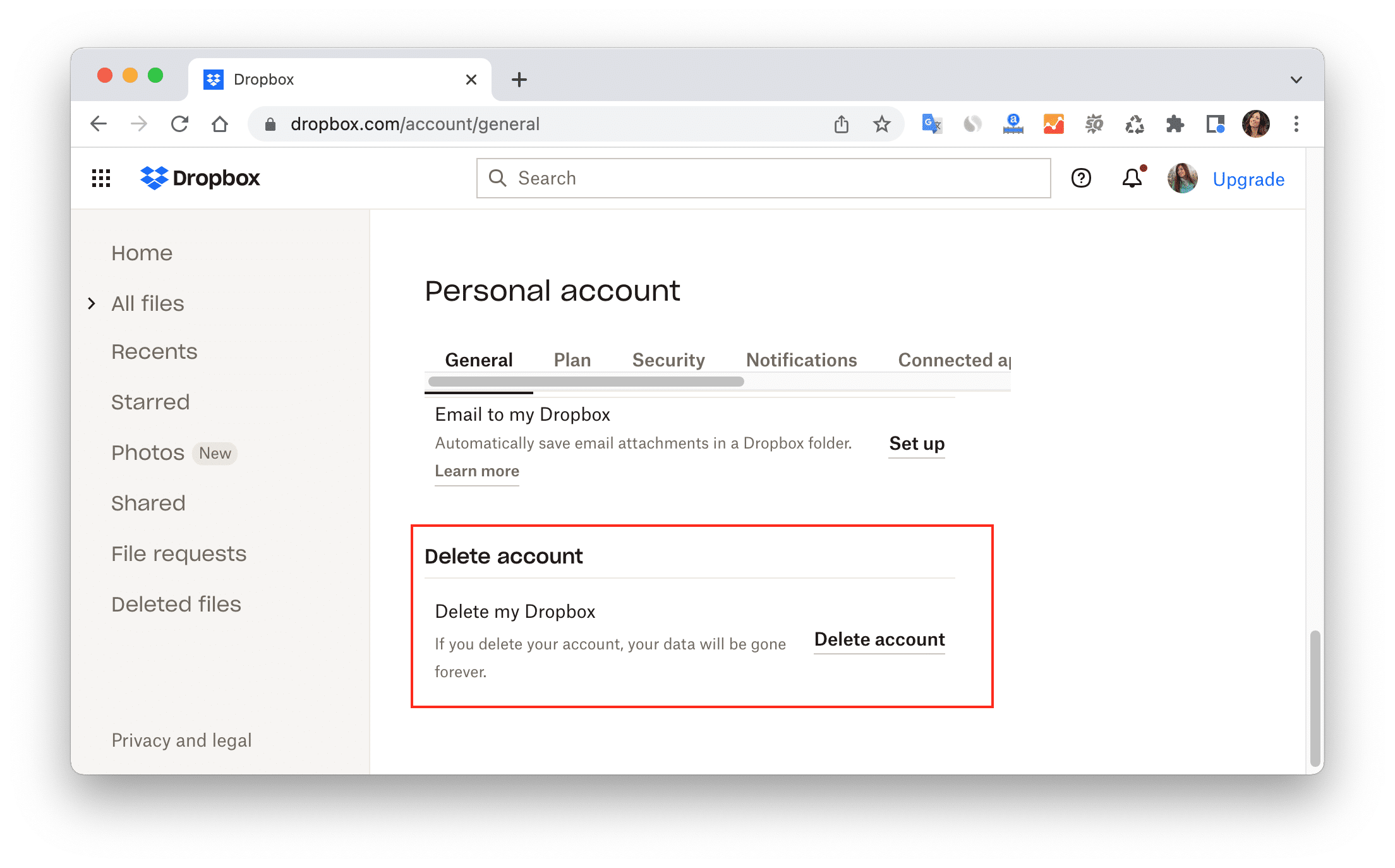 Dropbox settings page showing the Delete account section