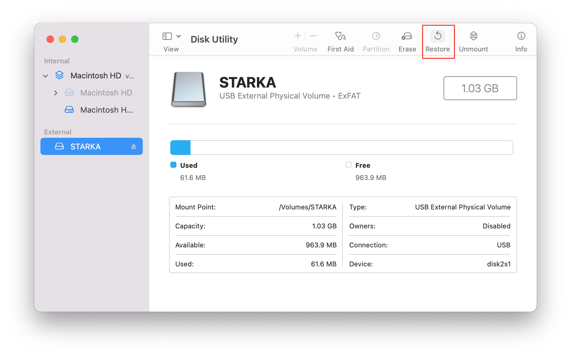Disk Utility window with the Restore option highlighted