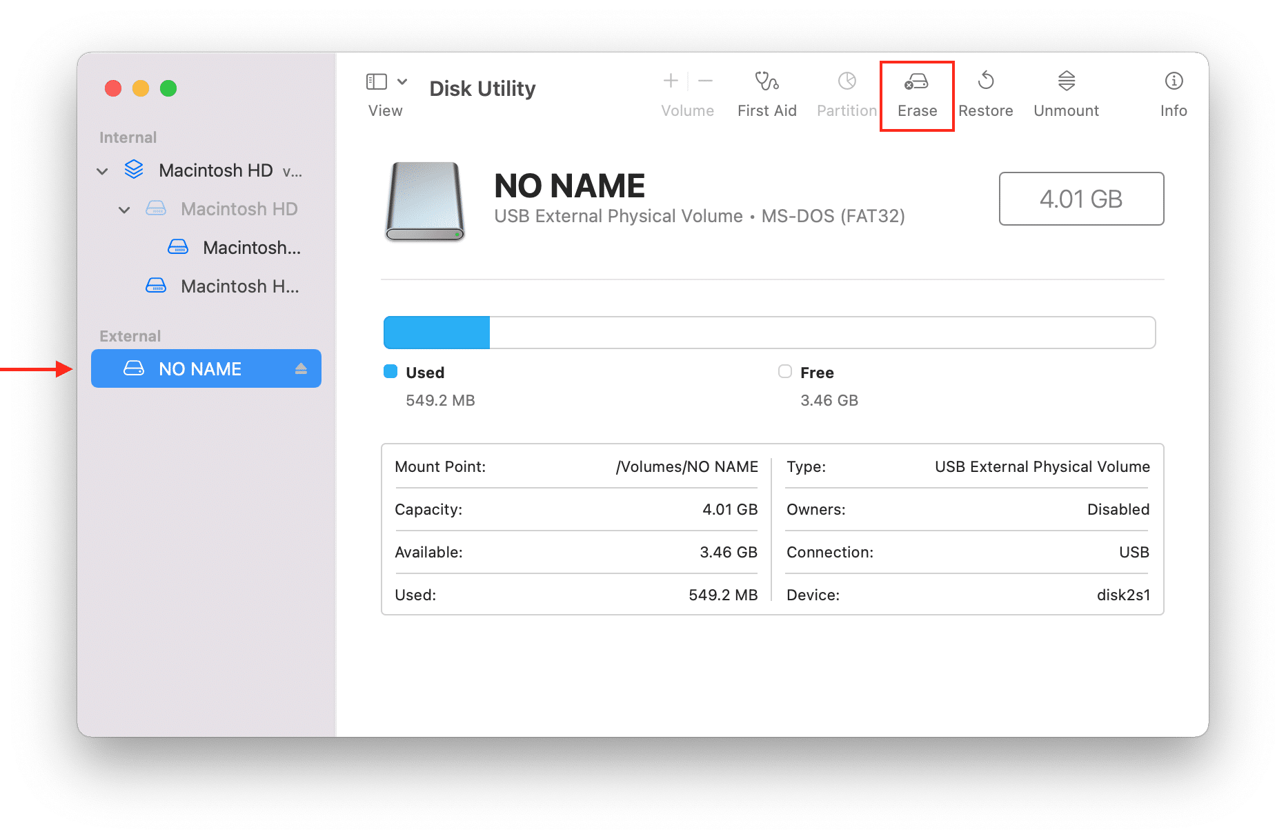 Disk Utility window with the Erase tab highlighted