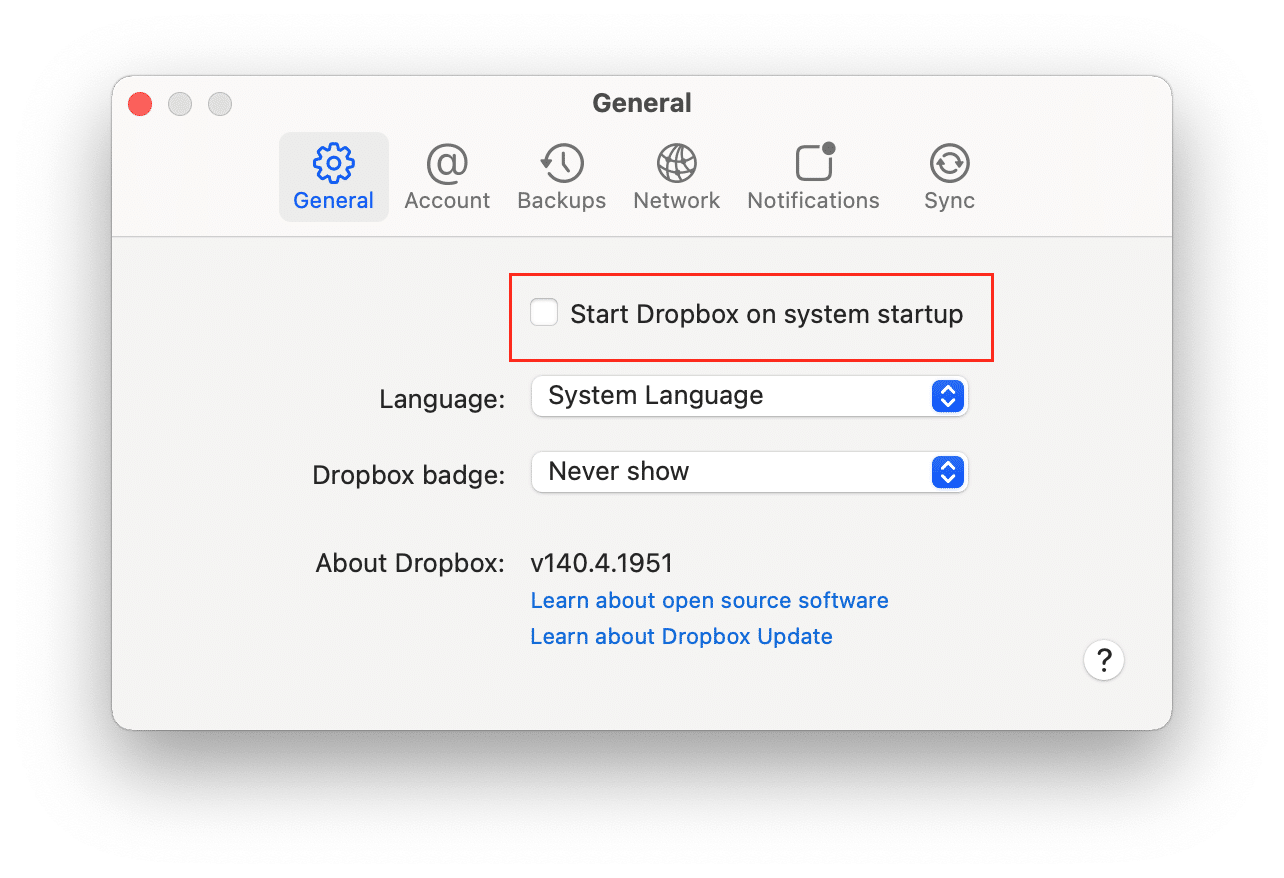 Dropbox settings showing the General tab