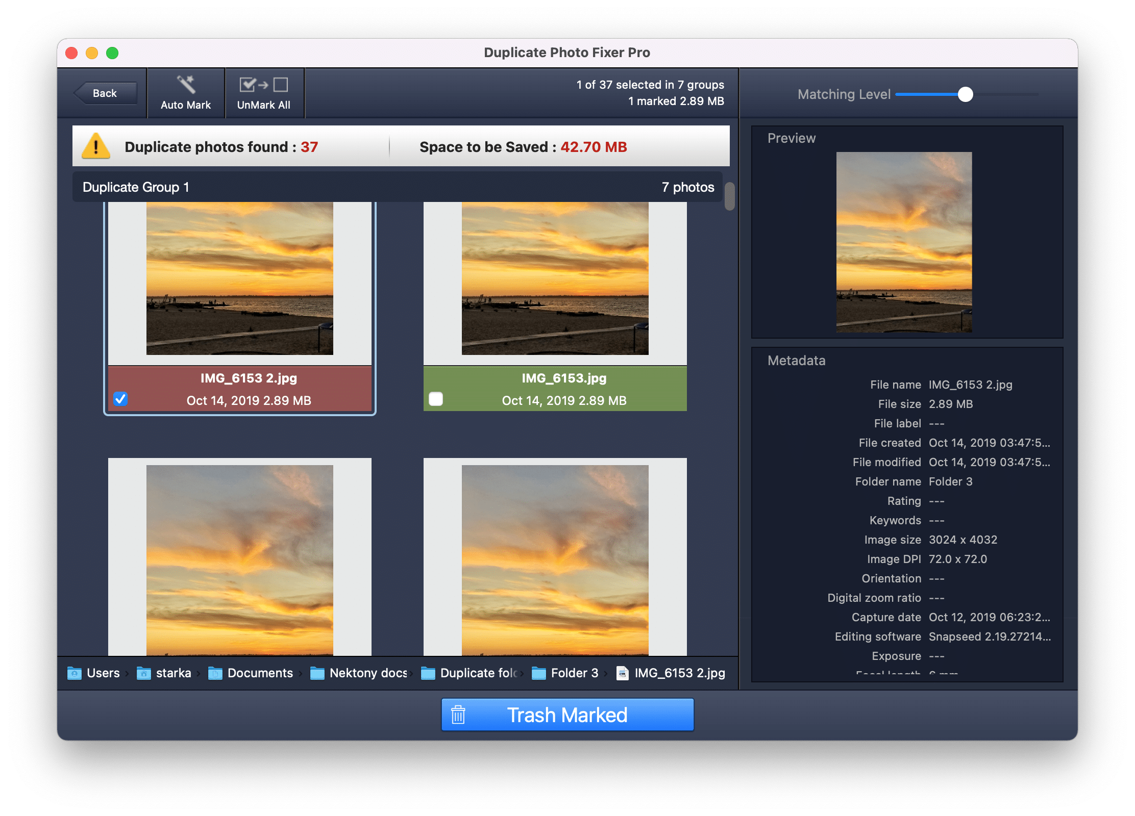 Duplicate photos Fixer showing duplicate images