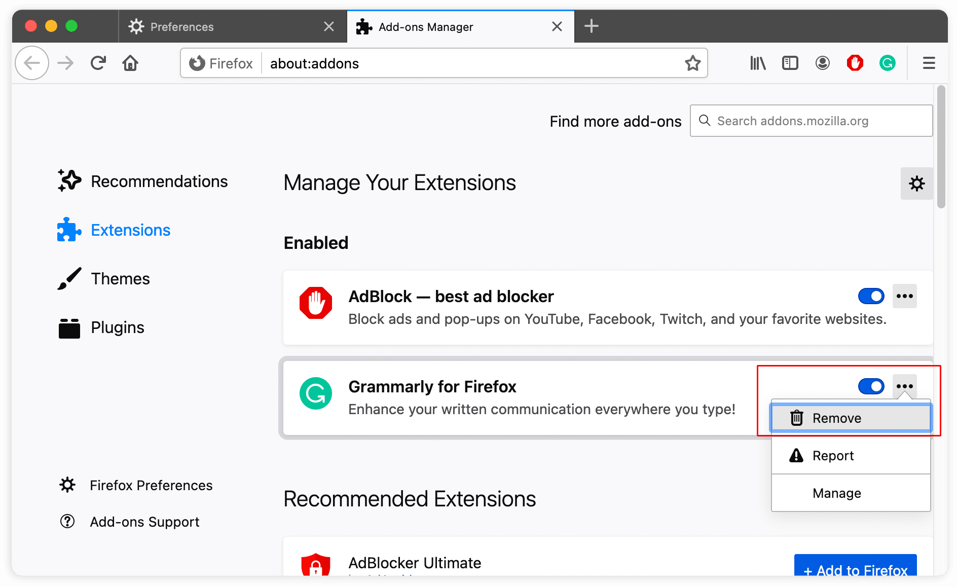 removing the Grammarly extensions from Firefox