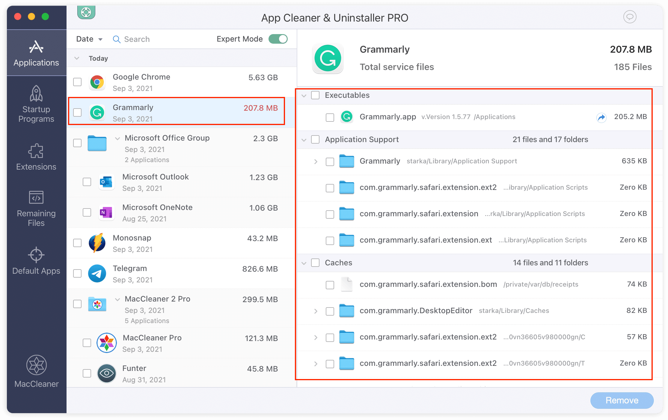 App Cleaner & Uninstaller showing Grammarly support files