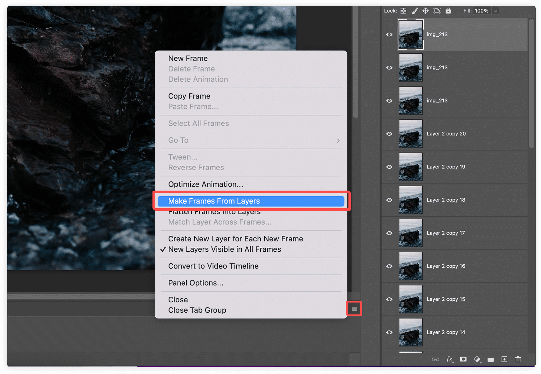 Make Frames from Layers option selected in Photoshop