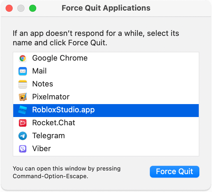 Force quit applications window showing RobloxStudio app