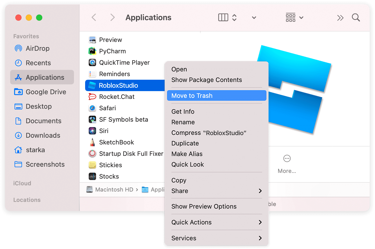 removing Roblox from the Applications folder