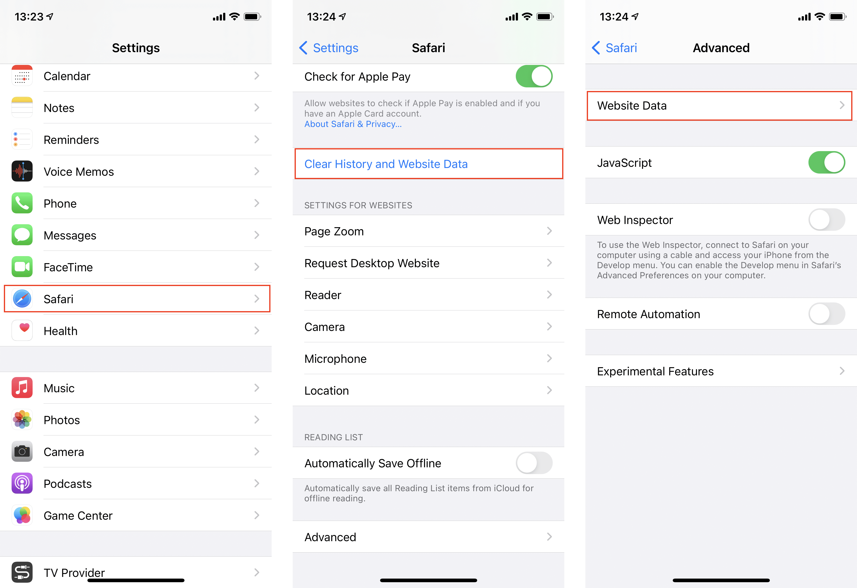 iPhone screens showing steps to clear Safari history data