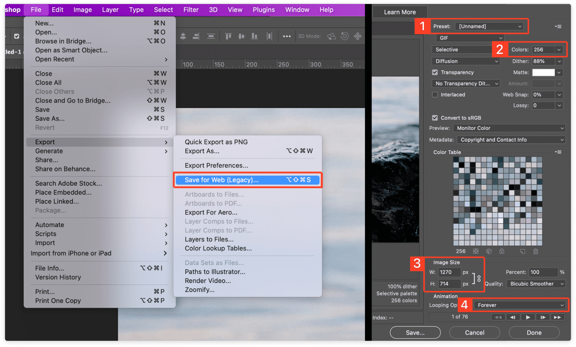 Save for Web option highlighted in Photoshop menu bar