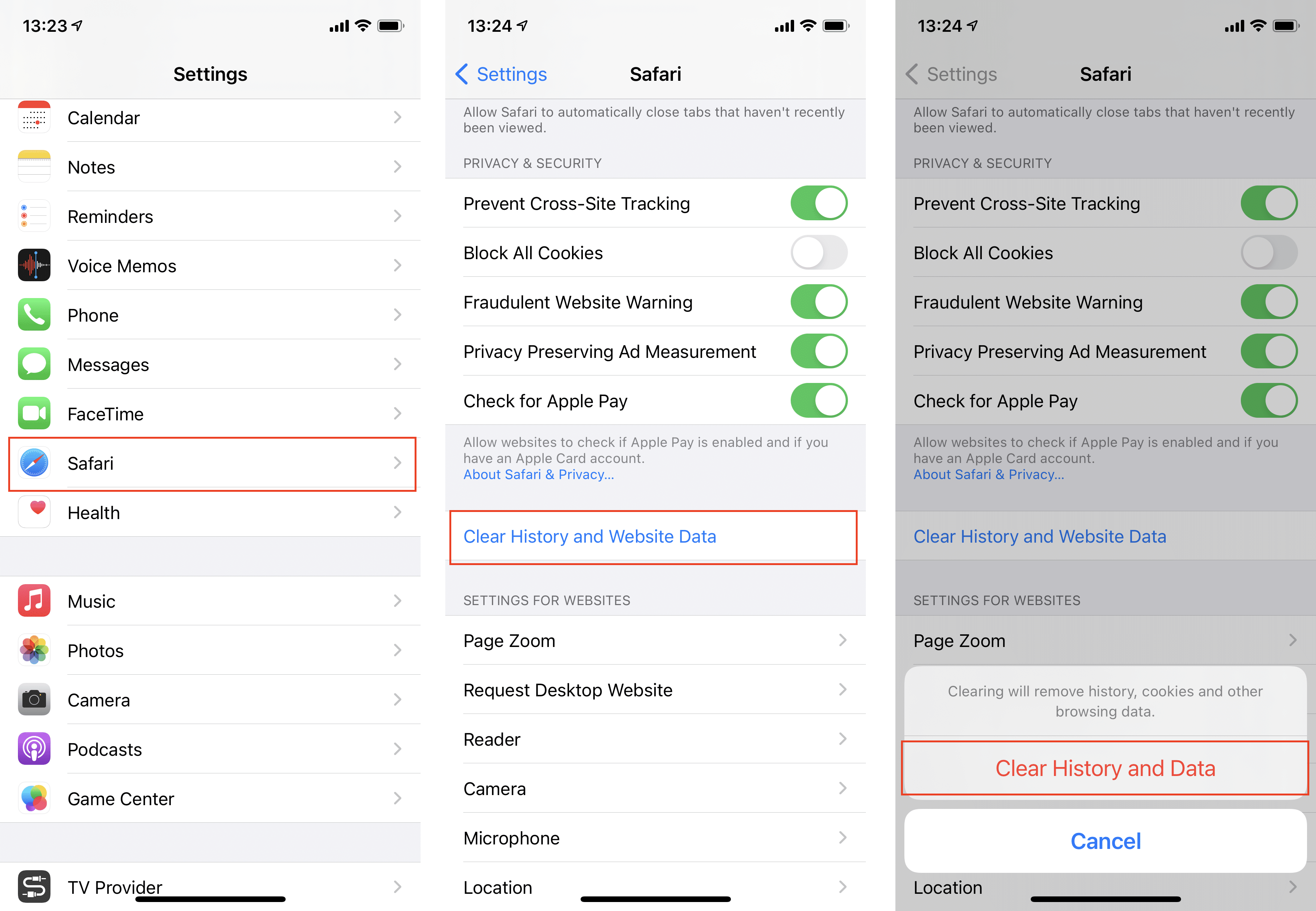 iPhone screens showing steps to find the option to clear Safari history