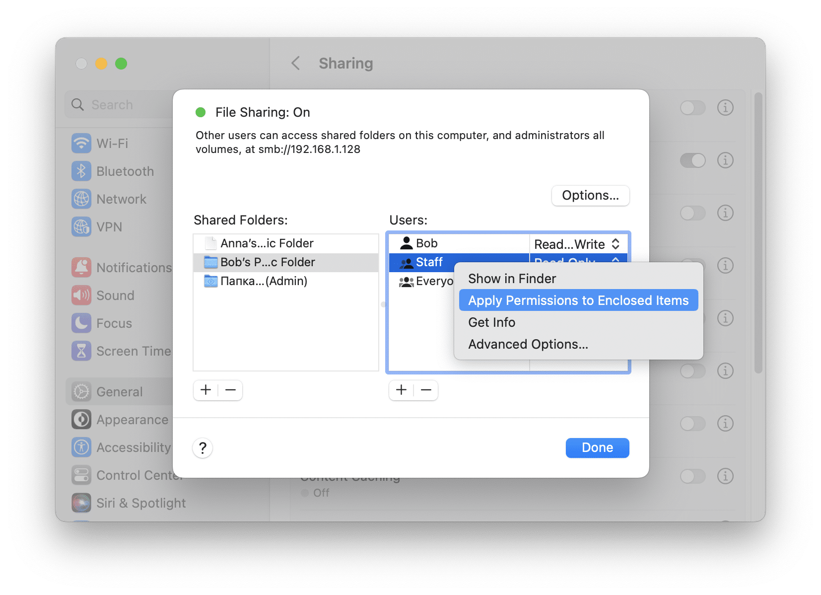 File-sharing permission options