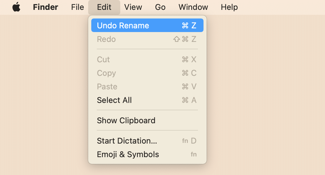 Finder menu showing the Undo Rename option
