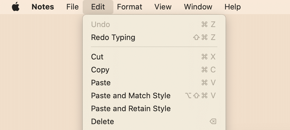 menu bar showing the greyed option to udo on mac