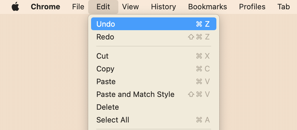menu bar showing the option to undo on Mac