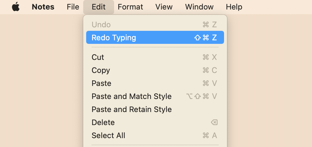 mac menu bar showing the Redo option