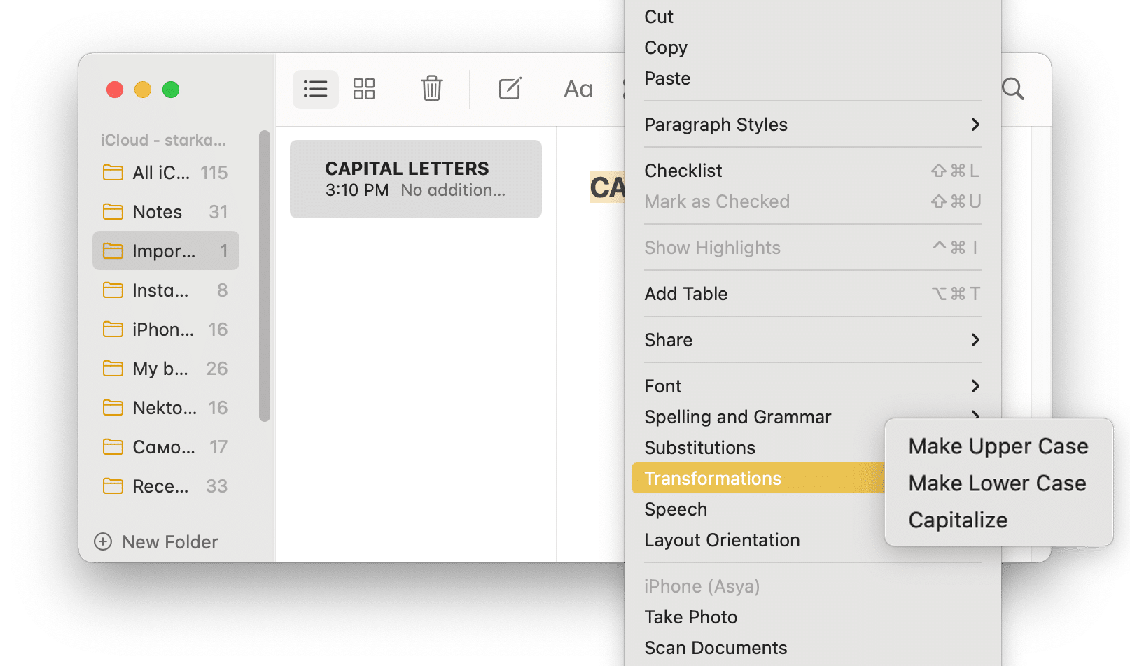 context menu for text showing how to undo caps lock