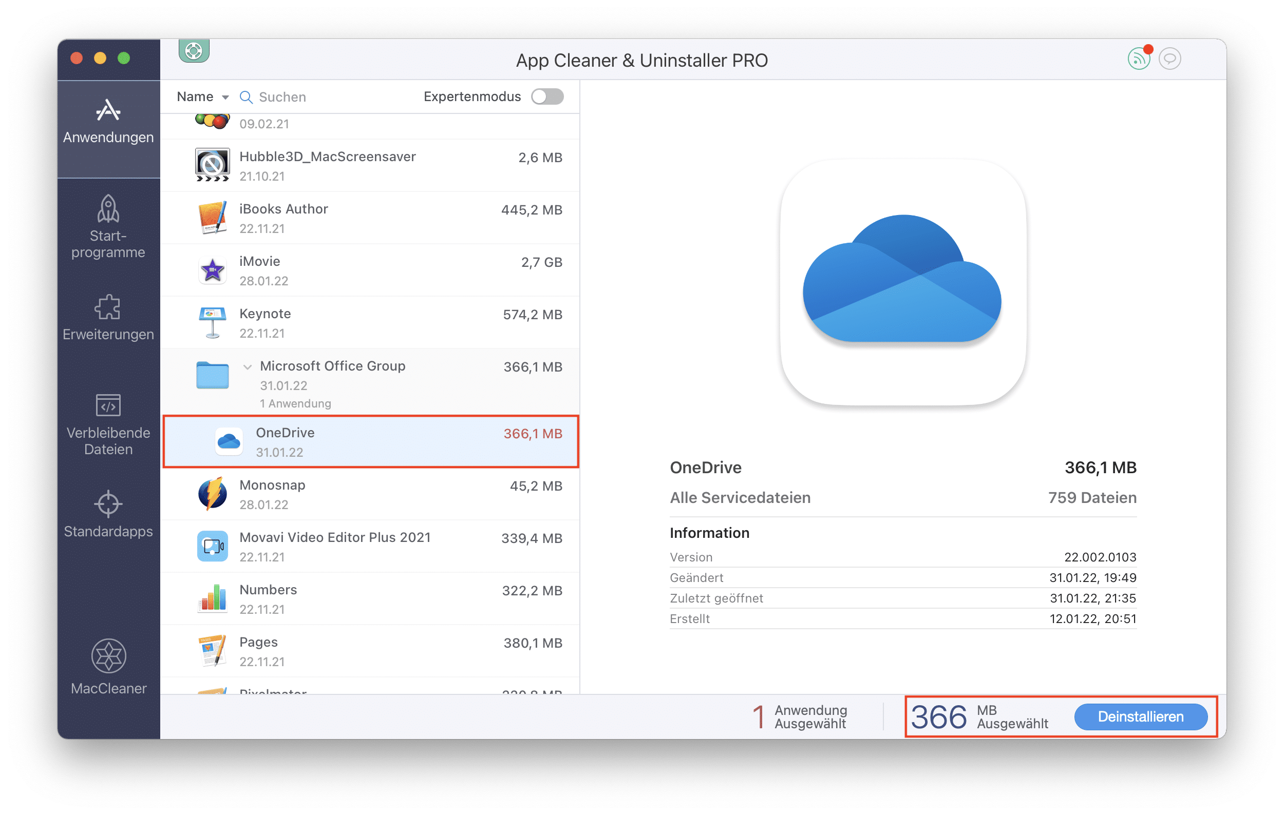uninstalling OneDrive with App Cleaner