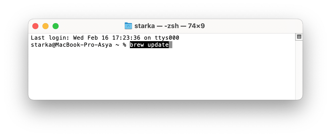 Terminal window showing a command to update brew
