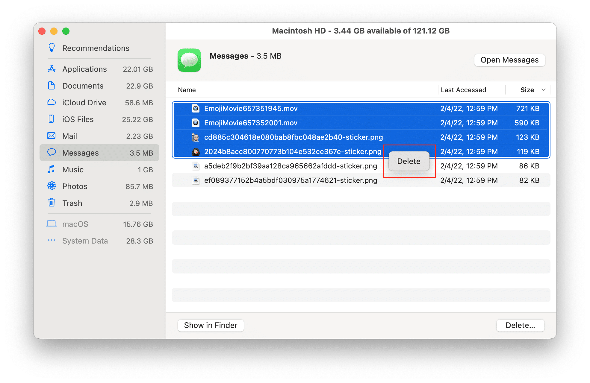 Mac storage recommendations window showing messages attachments