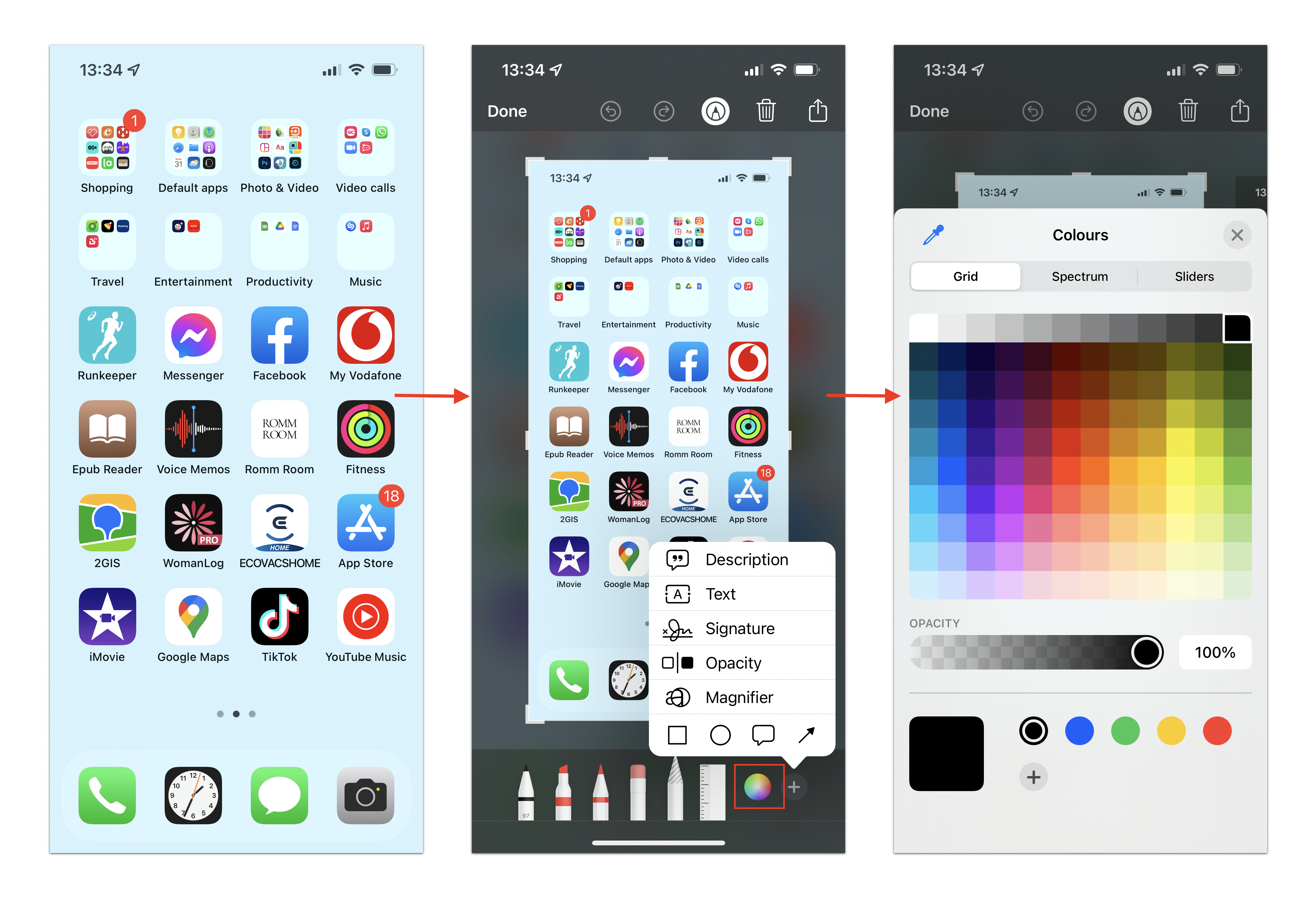 iPhone screens showing how to edit screenshots