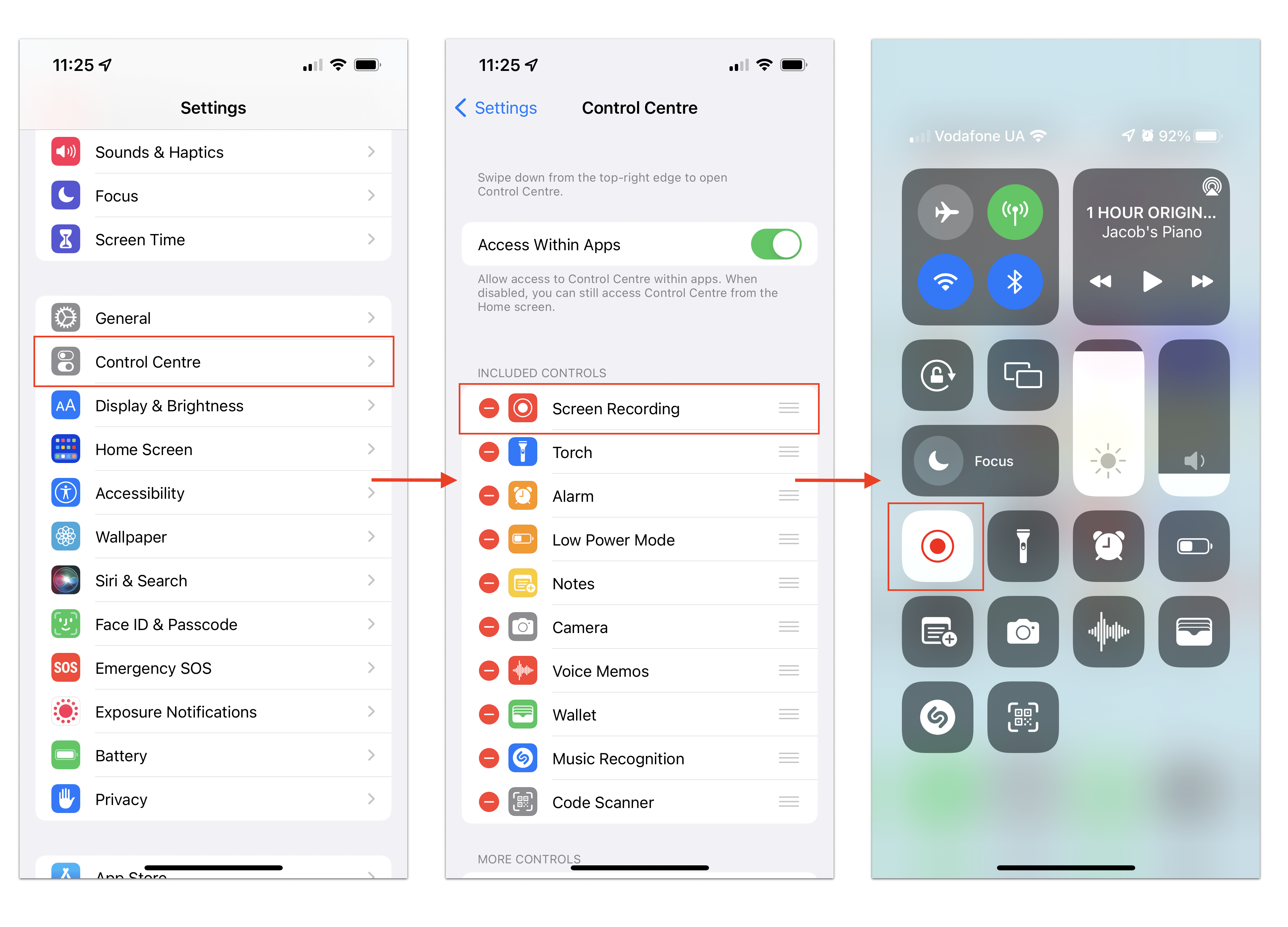 iPhone screens showing how to add screen recording