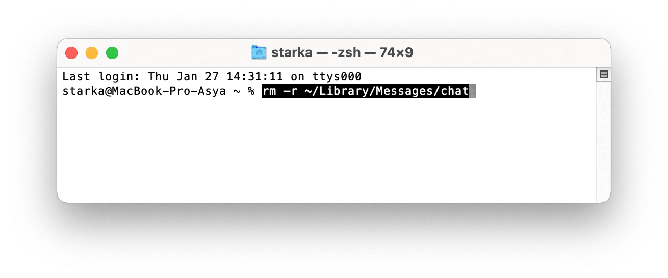 Terminal window showing the command to remove messages on mac