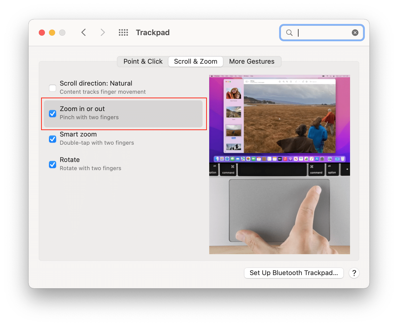 Trackpad preferences showing where to enable the Zoom option