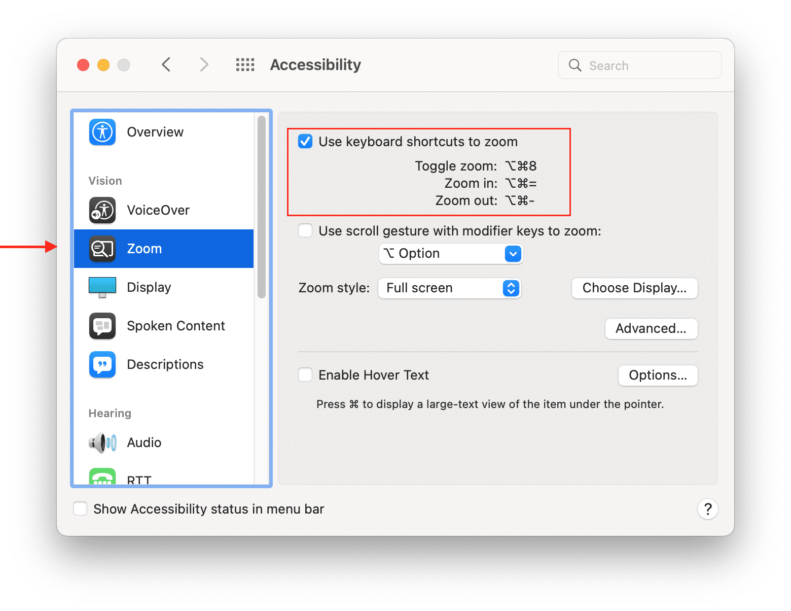 System Preferences window showing the Zoom option in Accessibility
