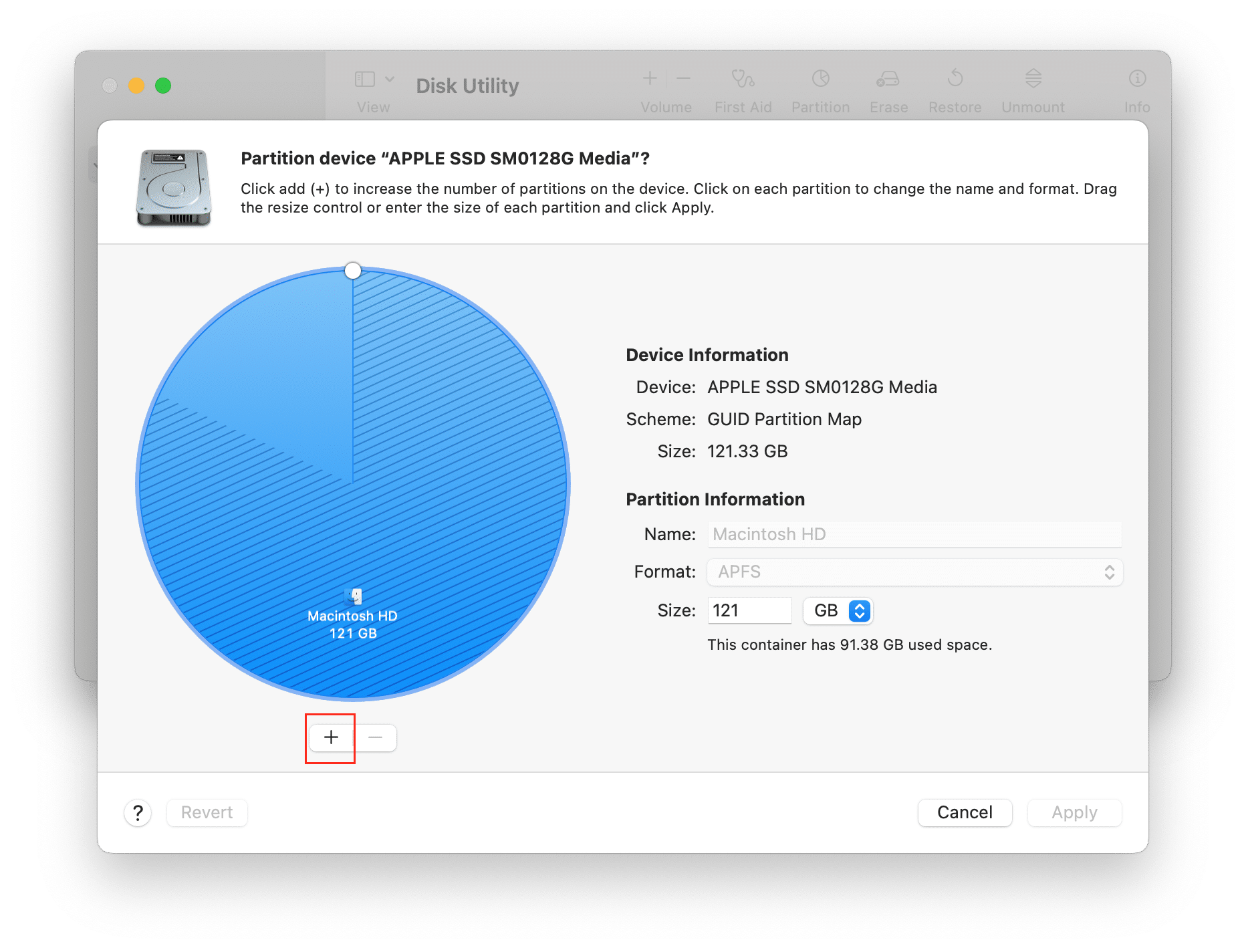 Disk Utility showing the Partition option
