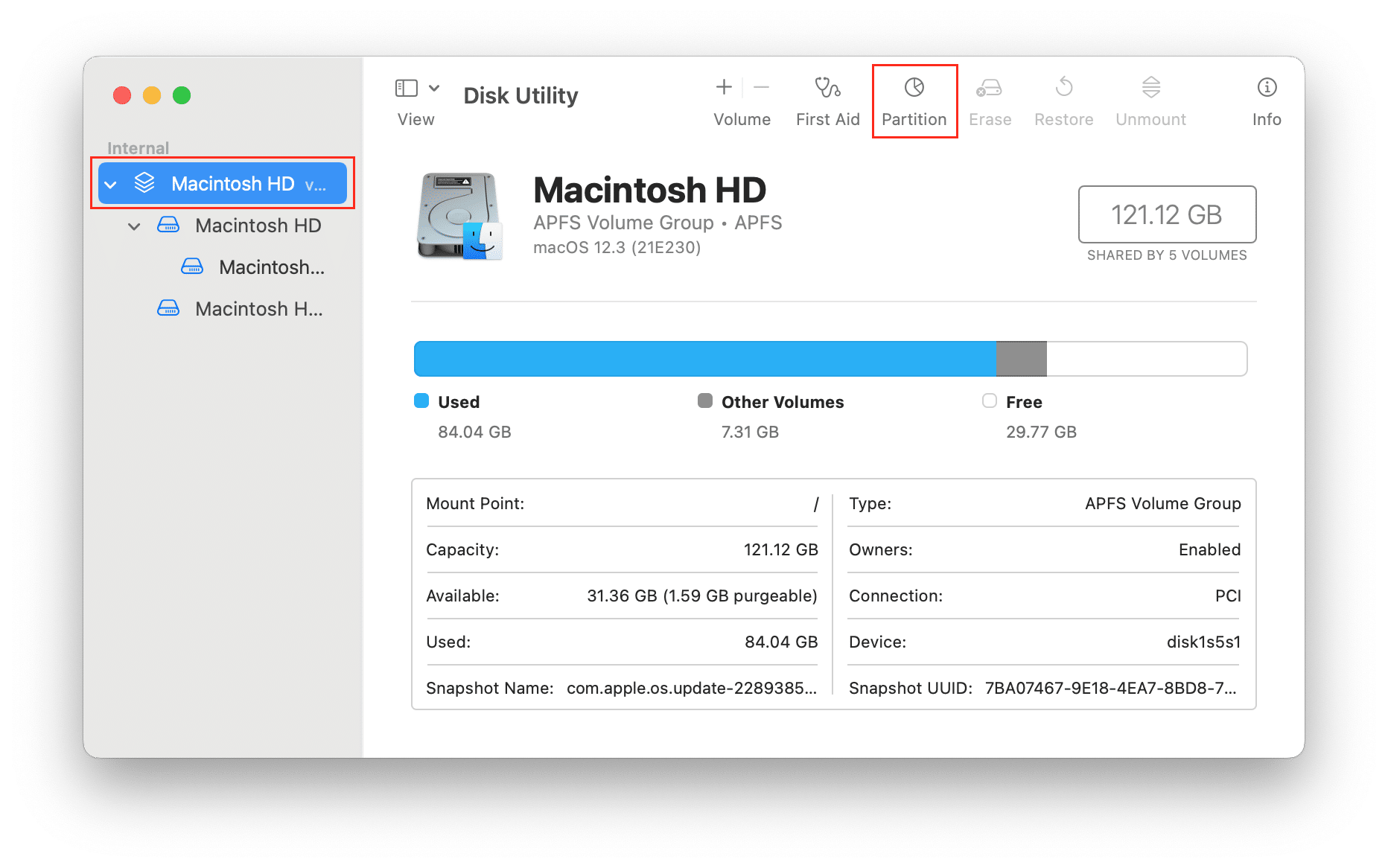 Disk Utility with Partition option highlighted
