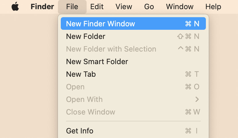 Finder menu showing how to open a new window