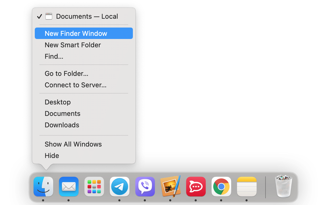 Finder menu showing how to open two folders